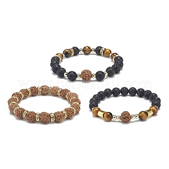 3 pièces 3 style naturel rudraksha & oeil de tigre & pierre de lave ensemble de bracelets extensibles perlés&nbsp;BJEW-JB09024