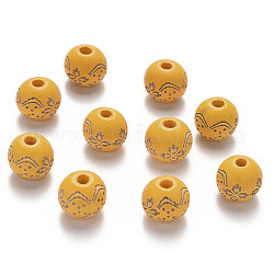 Perle di legno naturale verniciate, motivo inciso al laser, tondo con motivo floreale, oro, 10x9mm, Foro: 3 mm