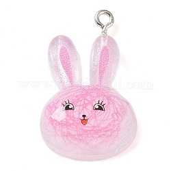 Translucent Resin Pendants, Glitter Charms with Platinum Tone Iron Loops, Rabbit, 30.5x18.5x7.5mm, Hole: 2mm