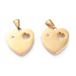 Placage ionique de la Saint-Valentin (ip) 304 pendentifs en acier inoxydable, découper, avec strass, polissage manuel, coeur avec coeur creux, or, 18.5x18x3.5~4mm, Trou: 3x6mm