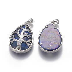 Lapis lazuli naturale ciondoli, con accessori di ottone, lacrima con albero, tinto, platino, 39x26x8mm, Foro: 4x6 mm