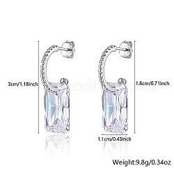Rhodium Plated 925 Sterling Silver Half Hoop Earrings, Cubic Zirconia Rectangle Dangle Stud Earrings, with 925 Stamp, Platinum, 30x11mm