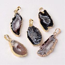 Mixed Golden Tone Brass Natural Druzy Agate Pendants, Nuggets, 20~46x10~24x5mm, Hole: 2~7x5mm