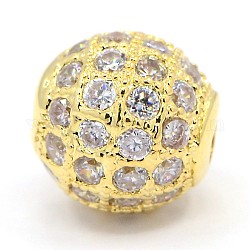 Cz Schmuck Messing Micro Pave Zirkonia runde Perlen, Transparent, echtes 18k vergoldet, 8 mm, Bohrung: 1.5 mm