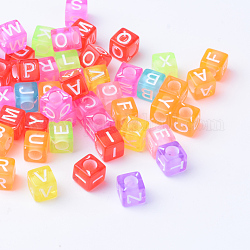 Perles en acrylique transparente, trou horizontal, cube avec la lettre, couleur mixte, 5.5~6x5.5~6x5.5~6mm, Trou: 3mm
