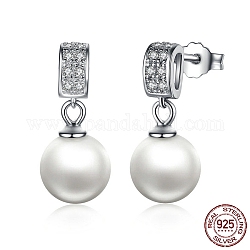 Pendientes de plata de primera ley con baño de rodio y circonitas cúbicas, con concha de perla redonda, Platino, 925mm, pin: 17 mm