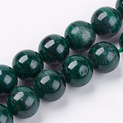 Chapelets de perles en pierre gemme de malachite naturelle, ronde, verte, 9~10mm, Trou: 1mm, 19 pcs / chapelet, 8 pouce