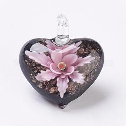Pendentifs vernissées manuelles, fleur intérieure, cœur, rose, 38x33x16mm, Trou: 6x6mm