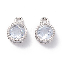 Alloy Clear Cubic Zirconia Charms, Long-Lasting Plated, Flat Round, Platinum, 11x8x5mm, Hole: 1.6mm