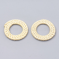 Handmade Spray Painted Reed Cane/Rattan Woven Linking Rings, For Making Straw Earrings and Necklaces,  Dyed, Pearlized Effect, Lemon Chiffon, 43~47x4~6mm, inner diameter: 22~28mm