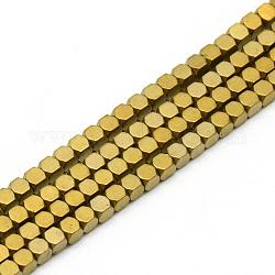 Гальванизировать немагнитных синтетический гематит бисер пряди, граненые, матовые, кубические, с золотым покрытием, 2x2x2 мм, отверстие : 1 мм, около 193 шт / нитка, 15.7 дюйм