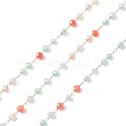 Chaînes de perles en verre manuels, facette, non soudée, avec chaînes en 304 acier inoxydable, or, ronde, tomate, 3x2.5mm
