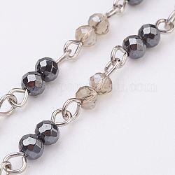 Handmade Faceted Glass Beaded Chains, Unwelded, with Non-Magnetic Synthetic Hematite Beads, Iron Eye Pin, Platinum, BurlyWood, 39.37 inch, 1m/strand