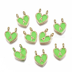 Alloy Enamel Charms, Cadmium Free & Lead Free, Heart with Initial Letters, Light Gold, Lime, Letter.A, 14.5x11.5x4.5mm, Hole: 2mm