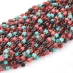 Handmade Glass Beaded Chains, Soldered, with Unplated Nickel Free Brass Findings, with Spool, Colorful, 1~2x0.9~1.5mm, about 32.8 Feet(10m)/roll
