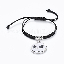 Bracelets de perle tressés en corde de polyester ciré coréen ajustable, avec des pendantifs en alliage d'émail, crâne, noir, 3/4 pouce ~ 3-1/4 pouces (2~8.3 cm)
