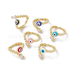Clear Cubic Zirconia Teardrop & Enamel Evil Eye Open Cuff Ring, Real 18K Gold Plated Brass Jewelry for Women, Lead Free & Cadmium Free, Mixed Color, US Size 5 1/4(15.9mm)