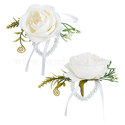 Craspire 2 pz polso di seta, con bracciali elasticizzati in plastica finta fiore e finta perla, per nozze, decorazioni per feste, bianco, 140x150mm, 2pcs/scatola