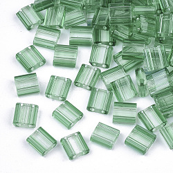 2-hole perline di vetro, perline a strisce, colori trasparenti, Two Tone, rettangolo, verde lime, 5x4.5~5.5x2~2.5mm, Foro: 0.5~0.8 mm