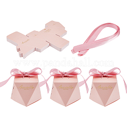 Scatole di caramelle pieghevoli in cartone, confezione regalo di nozze, con nastro, poligono con parola stampaggio oro grazie, perla rosa, prodotto finito: 7.55x7.55x5.9 cm
