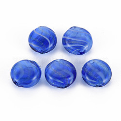 Perle di globo di vetro soffiato a mano trasparente, con polvere di scintillio, motivo a strisce, rotondo e piatto, blu royal, 15~16x7~8mm, Foro: 1~2 mm