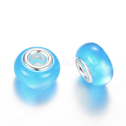 Perles européennes en alliage, imitation d'oeil de chat, Perles avec un grand trou   , avec noyaux en laiton plaqué couleur argent, rondelle, bleu profond du ciel, 14x8~8.5mm, Trou: 5mm