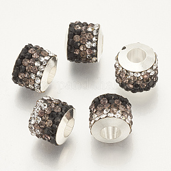 Polymer Clay Rhinestone European Beads, Large Hole Beads, with Platinum Tone Brass Single Cores, Column, Jet, 10x11~12mm, Hole: 4.5mm
