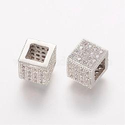 Perles de zircone cubique micro pave en Laiton, cube, platine, 7.5x7.5x7mm, Trou: 4x4mm