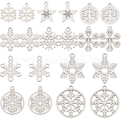 Sunnyclue 20pcs 10 style noël 201 & 304 pendentifs en acier inoxydable, flocon de neige, couleur inoxydable, 14~22x11.7~20x1mm, Trou: 1.2~1.6mm, 2 pièces / style