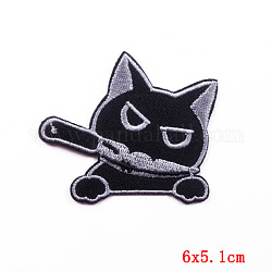 猫のテーマのコンピュータ刺繍布アイロン/縫い付けワッペン  マスクと衣装のアクセサリー  ブラック  51x60mm