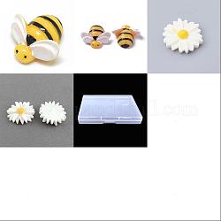 60Pcs 4 Style Opaque Resin Cabochons, Bees & Flower, Mixed Color, 19~26x19~26.1x7~9.1mm, 15pcs/style
