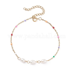 Pulsera de perlas naturales y cuentas de esmalte con 304 cadena de cable de acero inoxidable para mujer, dorado, colorido, 7.64 pulgada (19.4 cm)