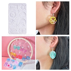 DIY Pendant Silicone Molds, Resin Casting Molds, for UV Resin & Epoxy Resin Jewelry Making, Monstera Leaf, Paw Print, Star, Moon, Tape, Music Player, Flower, White, 76x132x4mm, Hole: 1~2.2mm, Inner Diameter: 13.5~37x17~31mm