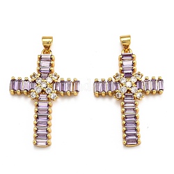 Brass Micro Pave Clear Cubic Zirconia Pendants, Long-Lasting Plated, Real 18K Gold Plated, Cross, Lavender, 35x23.5x4.5mm, Hole: 3x4mm