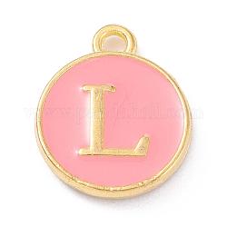 Подвески из позолоченного сплава, эмалированные блестки, плоско-круглые с алфавитами , letter.l, розовые, 14x12x2 мм, отверстие : 1.5 мм