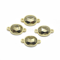 Conectores de enlaces de pirita natural, con fornituras de latón de tono de oro, oval, facetados, 17x9.5x4.5mm, agujero: 1.2 mm
