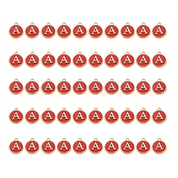 Golden Plated Alloy Charms, with Enamel, Enamelled Sequins, Flat Round, Red, Letter.A, 14x12x2mm, Hole: 1.5mm, 50pcs/Box