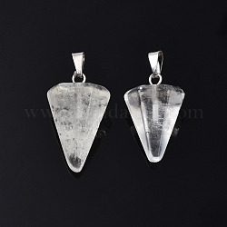 Pendentifs en cristal de quartz naturel, cône/pointe/pendule, cristal de roche, avec les accessoires en fer de platine plaqués, 25~27x14x14mm, Trou: 6x3mm
