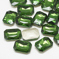 Pointed Back Glass Rhinestone Cabochons, Faceted, Rectangle Octagon, Emerald, 14x10x4mm