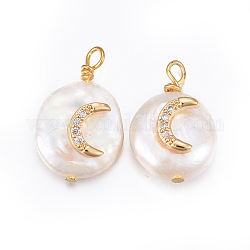 Colgantes naturales de perlas cultivadas de agua dulce, con fornituras de latón y circonio cúbico, pepitas con luna, dorado, Claro, 17~26x11~16x5~11mm, agujero: 1.6~2 mm