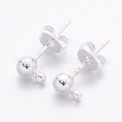 Brass Post Earring Findings, with Loop, Silver Color Plated, 15x6mm, Hole: 1mm, Ball: 4mm, Pin: 0.8mm
