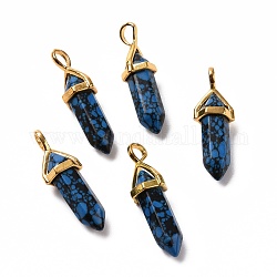 Pendentifs synthétiques bleu turquoise hubei, facette, avec les accessoires en laiton de tonalité d'or, sans plomb et sans cadmium, balle, 27~30x9~10x7~8mm, Trou: 4x3mm