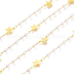 Chaînes à maillons étoiles en laiton, avec des perles en plastique rondes blanches ccb, soudé, Plaqué longue durée, avec bobine, or, lien: 4x2.5x3mm et 2.5x1.7x0.3mm, environ 32.8 pied (10 m)/rouleau