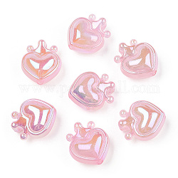 UV Plating Rainbow Iridescent Acrylic Beads, with Glitter Powder, Heart with Crown, Pink, 24.5x21.5x14mm, Hole: 3mm