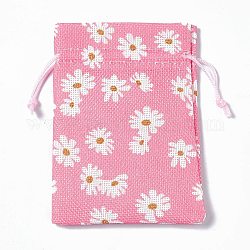 Juta imballaggio sacchetti borse coulisse, rettangolo, rosa caldo, fiore, 13.5~14x10x0.35cm