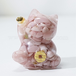 Natural Pink Opal Chip & Resin Craft Display Decorations, Lucky Cat Figurine, for Home Feng Shui Ornament, 63x55x45mm