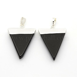 Colgantes del triángulo de piedras preciosas, Con fornituras de latón chapado en color plateado, ágata negro, 34x22~28x4mm, agujero: 8x5 mm