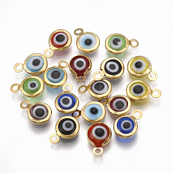 Handmade Lampwork Charms, with 304 Stainless Steel Findings, Flat Round with Evil Eye, Golden, 9.5x6.5x2.5mm, Hole: 1.5mm