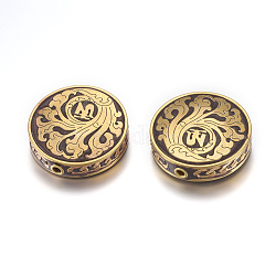 Perline  indonesia fatto a mano, con accessori di ottone, nichel libero, tondo piatto con simbolo om, grezzo (non placcato), nero, 29~30x8mm, Foro: 2 mm