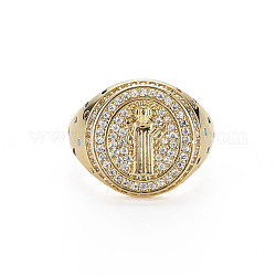Цветной кубический цирконий плоско-круглый с широким кольцом-манжетой с Иисусом, латунная печатка открытое кольцо для женщин, без никеля , реальный 18k позолоченный, размер США 7 1/4 (17.5 мм)